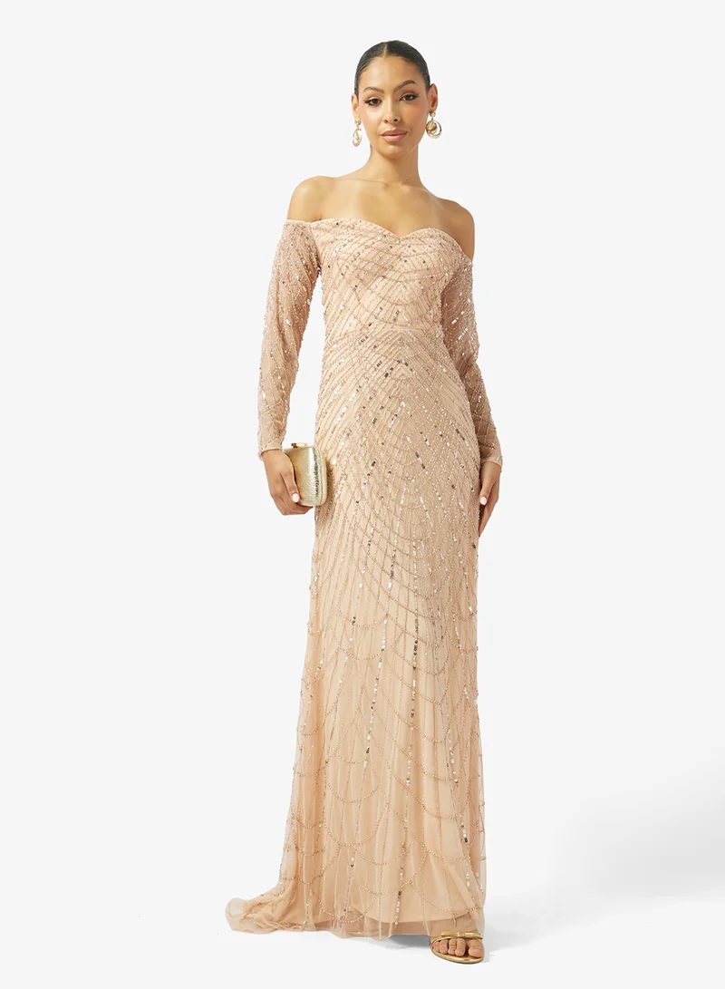Off Shoulder Bead Embellished Evening Gown